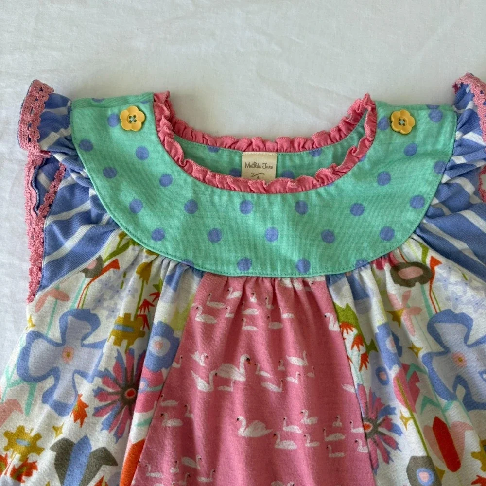 Matilda Jane Girls Multicolor Swan Print Floral Ruffle Tunic Top Size 4